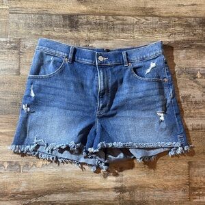 Express Denim Frayed Hem Super High Rise Mom Shorts